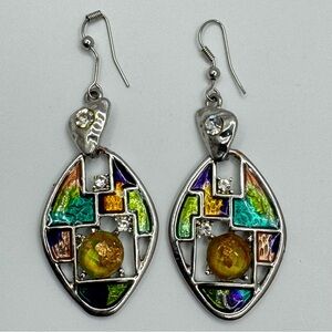 Silver Tone Multicolor Enamel Abstract Dangle Earrings with Clear Crystals